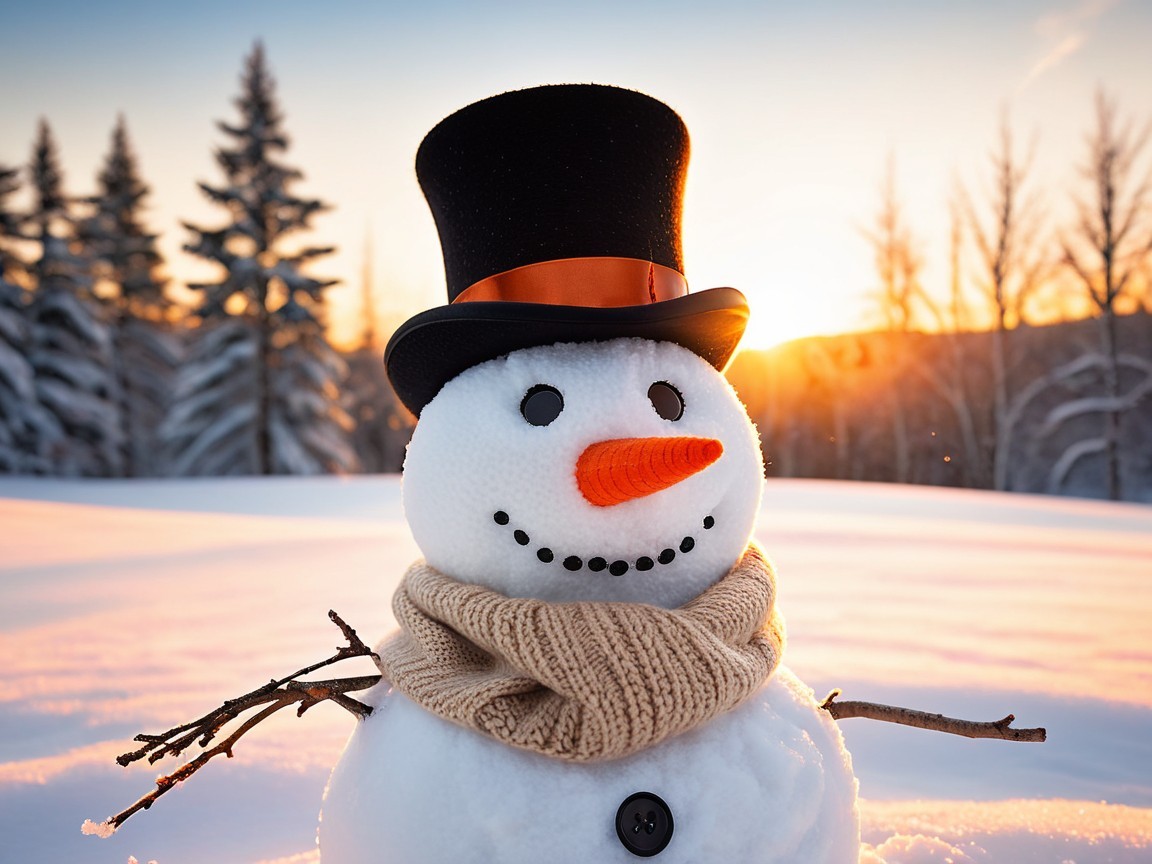 Snowman in snowy field at sunset with pine trees