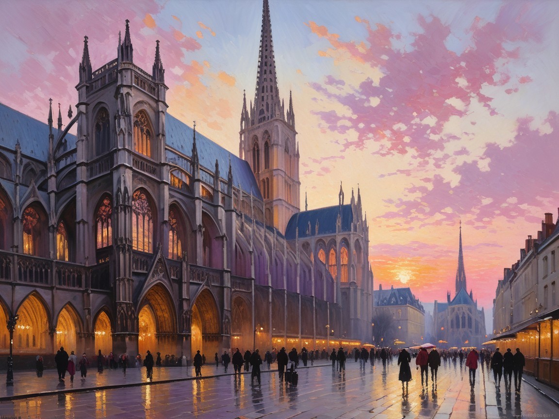 Evening Scene of Cathedral with Sunset Reflection