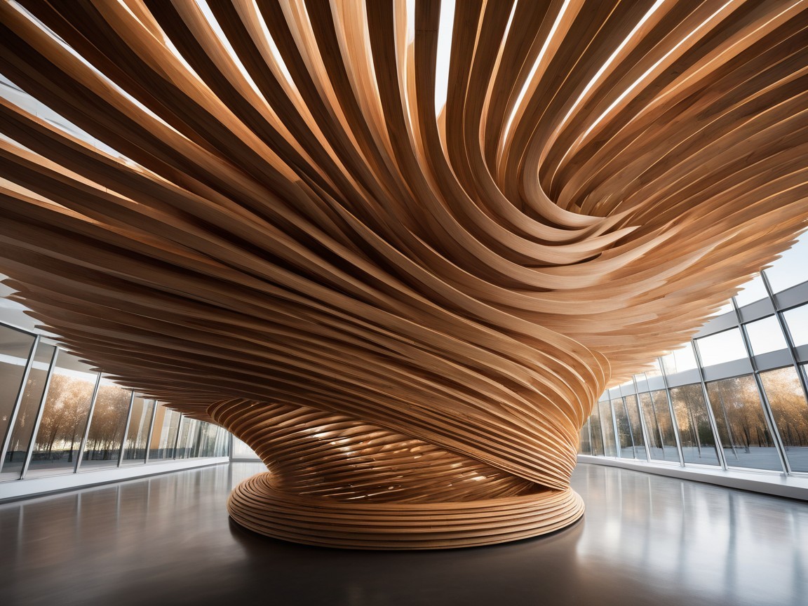Wooden Sculpture with Swirling Design in Modern Interior