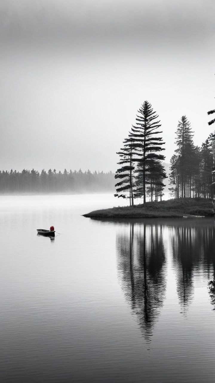 Serene Black-and-White Landscape with Tranquil Lake