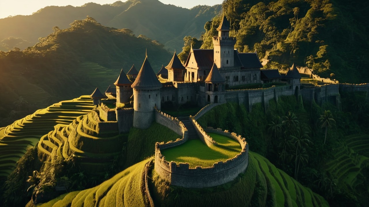 Majestic castle on a hill with terraced fields and mountains