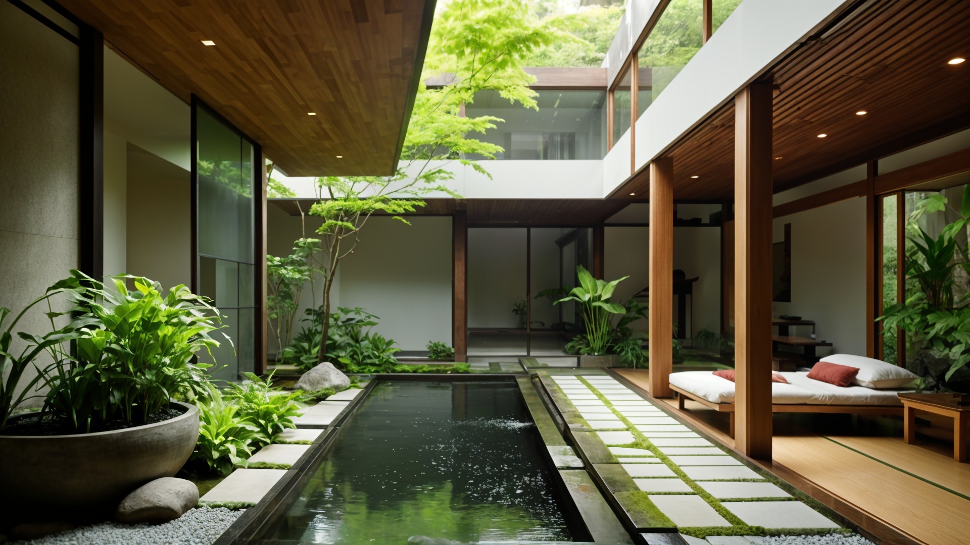 Indoor Garden with Reflecting Pool and Greenery