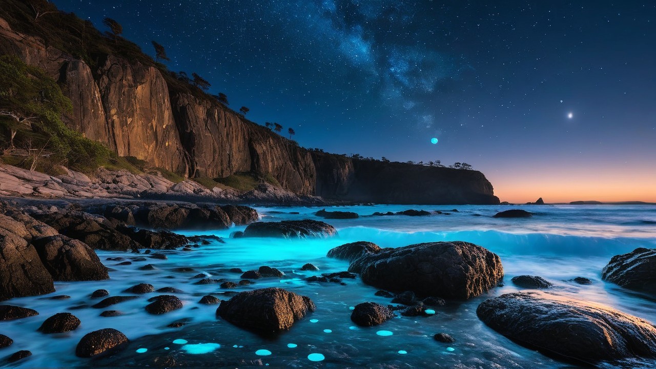Twilight Coastal Scene with Starry Sky and Cliffs