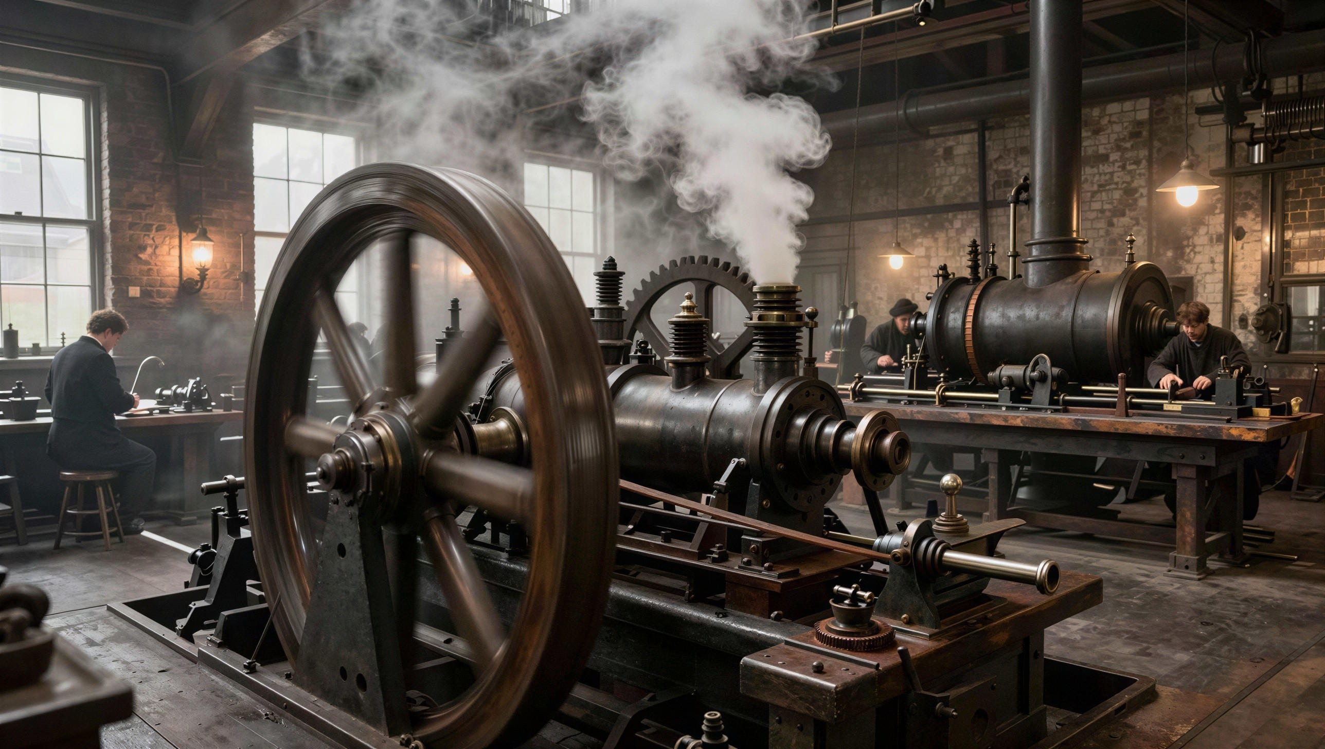 Detailed depiction of an old steam engine in a factory