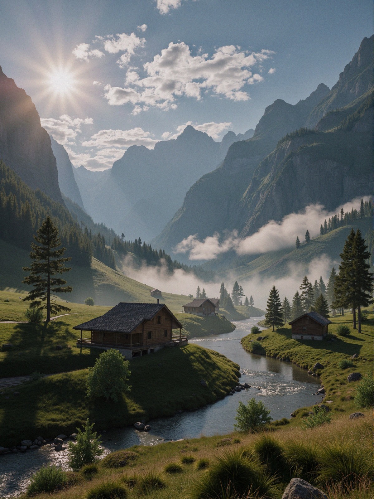 Serene Valley Landscape with Cabins and Mountains