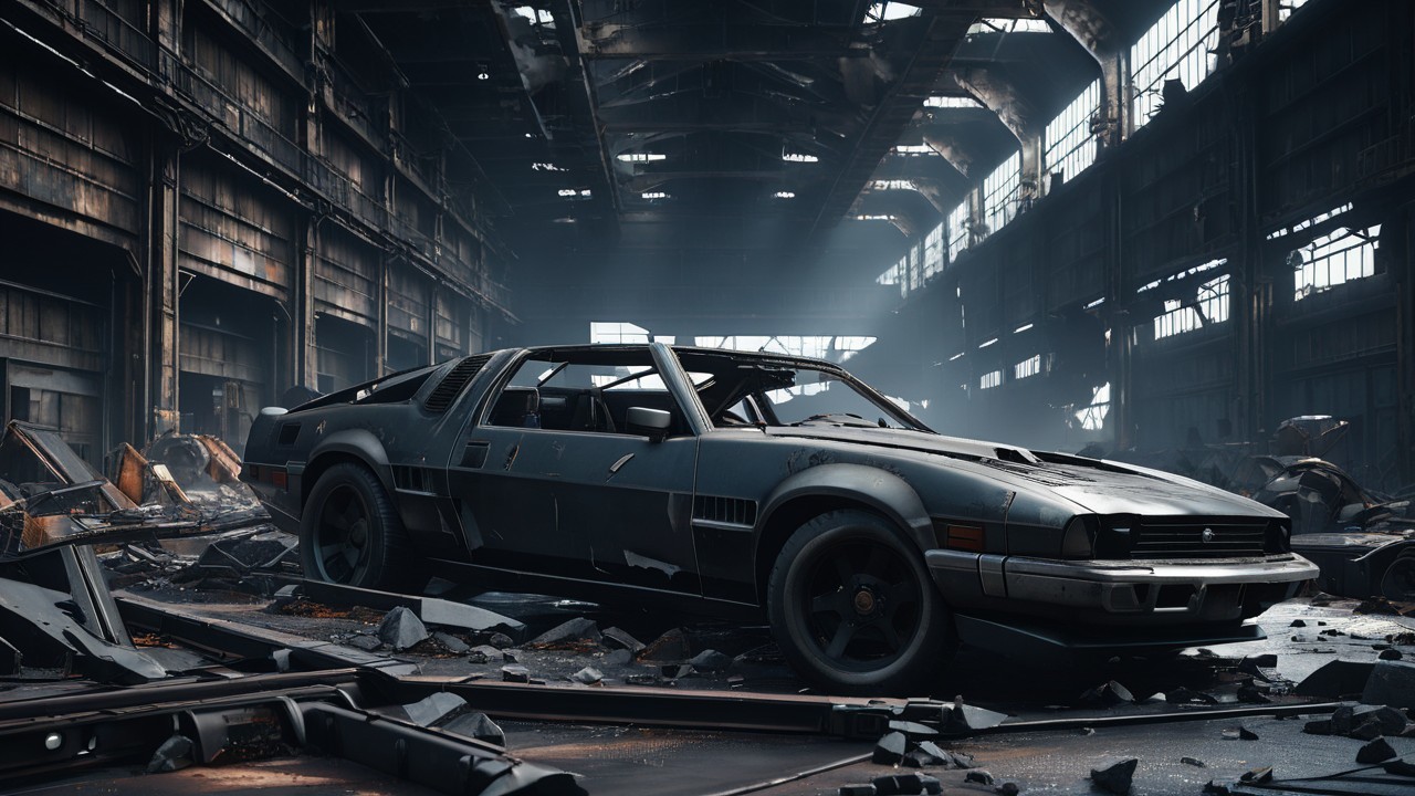 Abandoned Warehouse with Vintage Sports Car and Debris