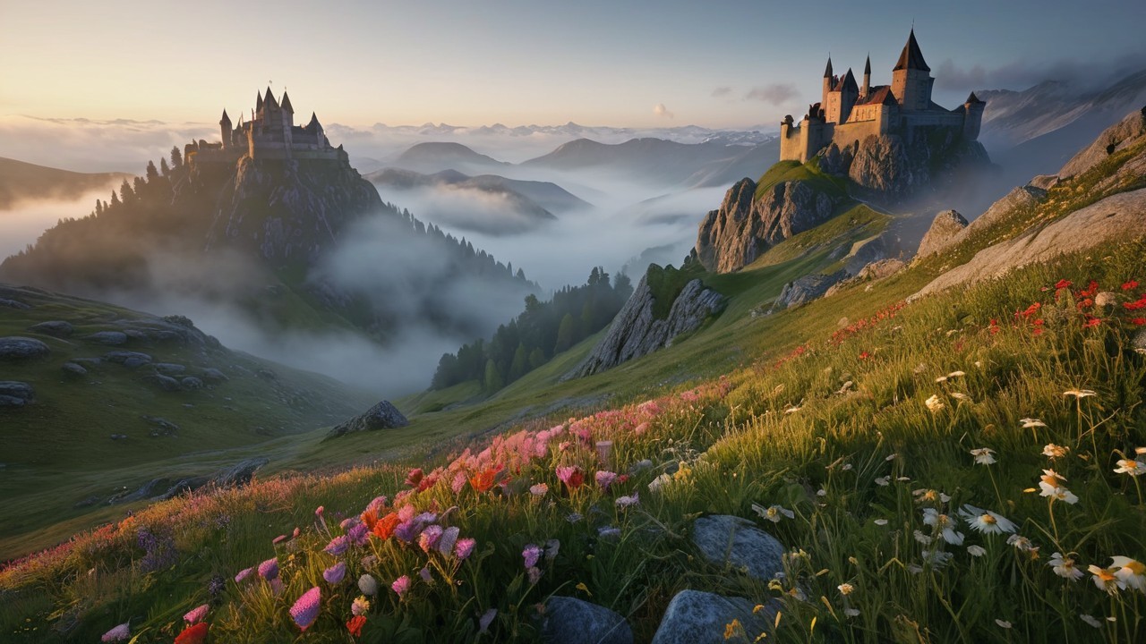 Majestic Castles in a Serene Landscape with Mountains