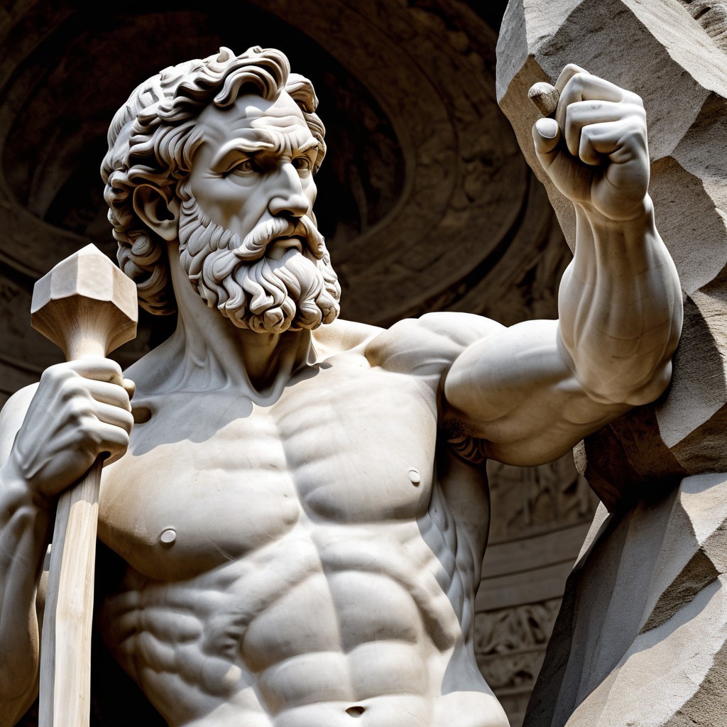 Muscular Male Statue with Hammer and Classical Background