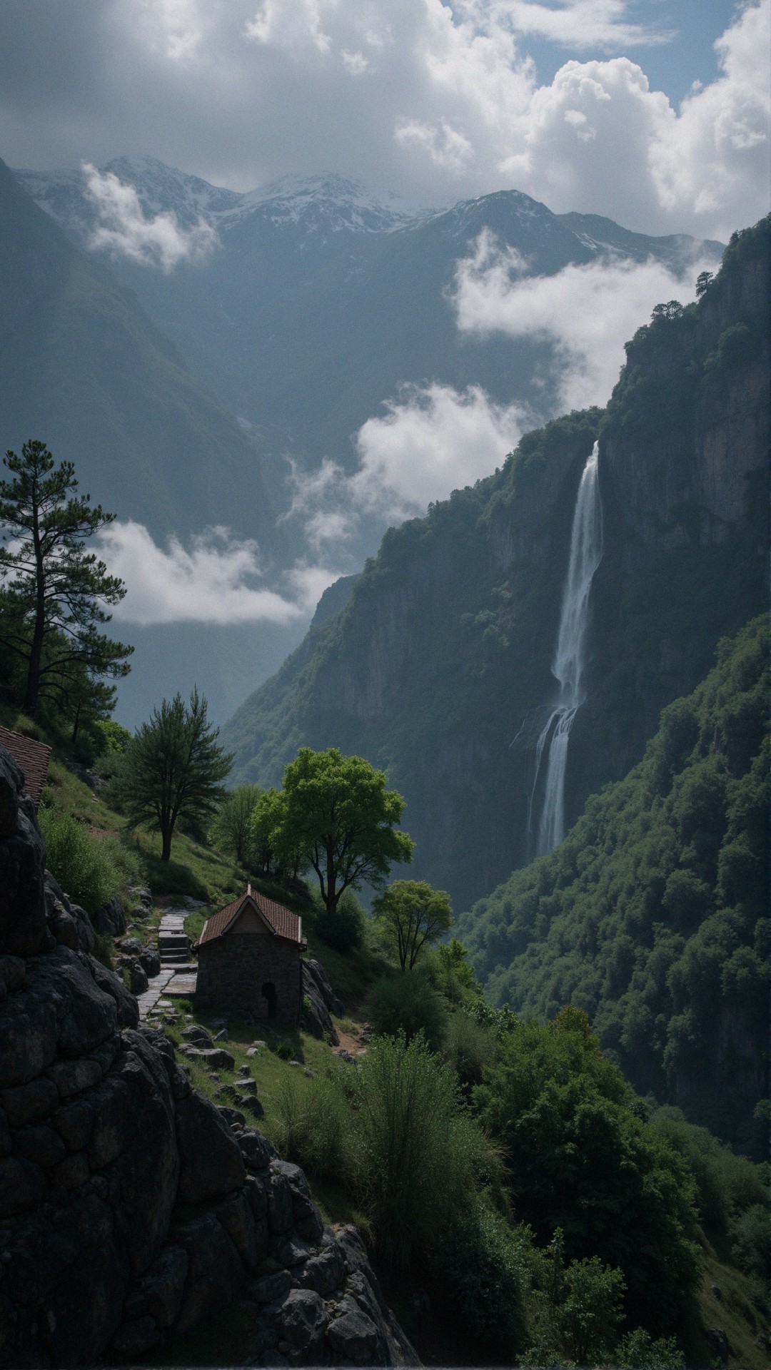 Serene Mountain Landscape with Waterfall and Stone Structure