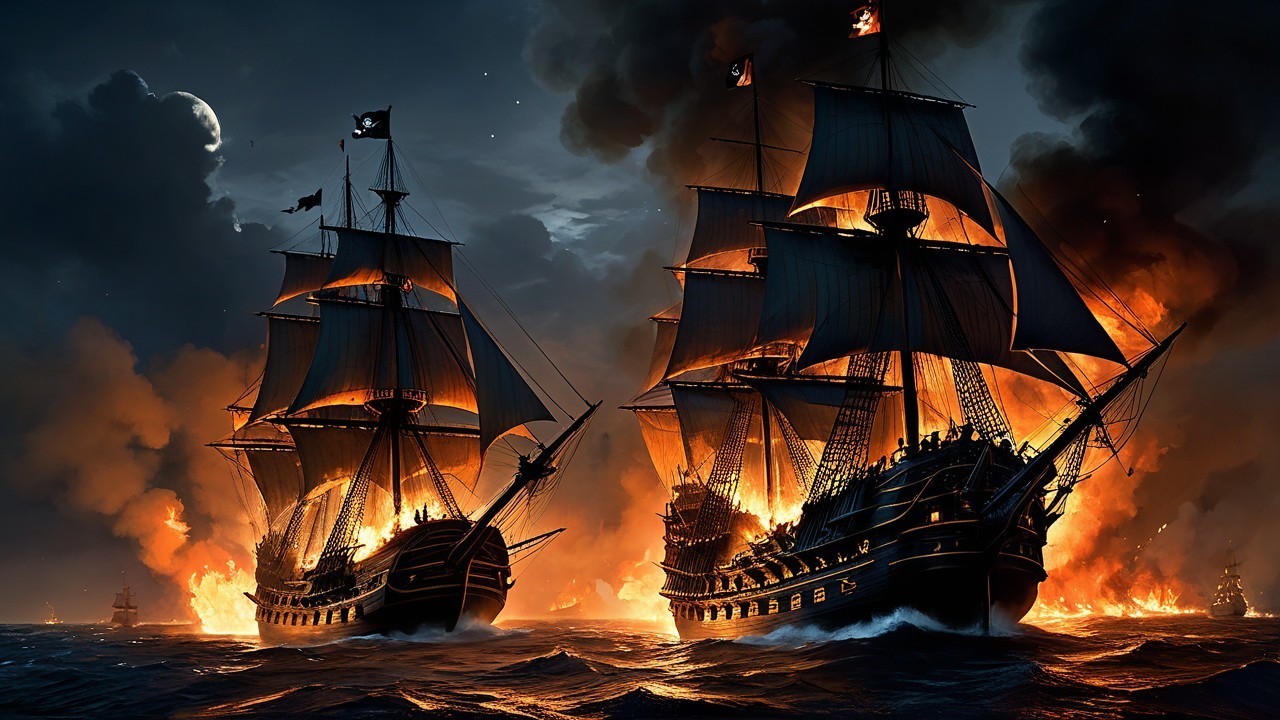 Pirate Ships in Fiery Naval Battle at Night