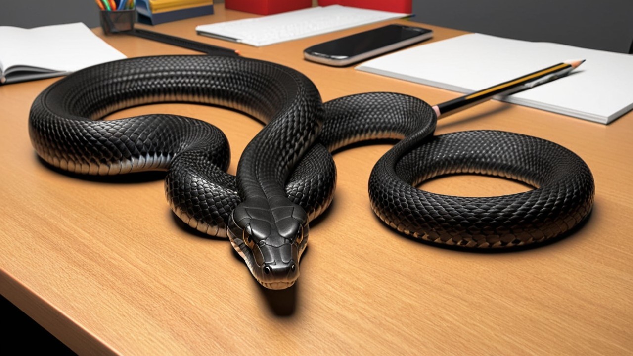 Black Snake Coiled on Wooden Desk with Office Supplies