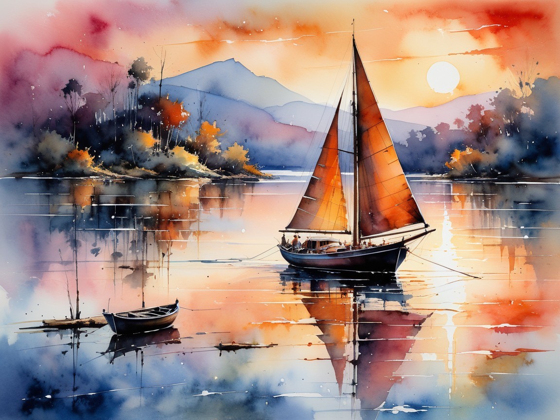 Watercolor Scene of Sailboat on Calm Sunset Lake