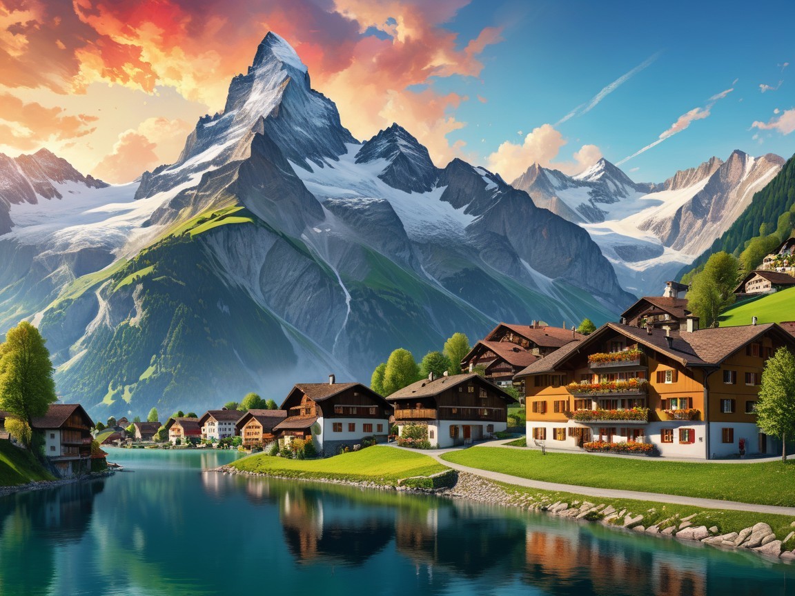 Alpine Landscape with Lake and Snow-Capped Mountains