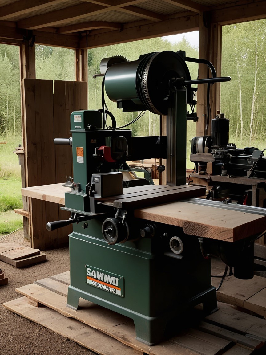 Heavy-Duty Sawmill in Workshop with Forest Background