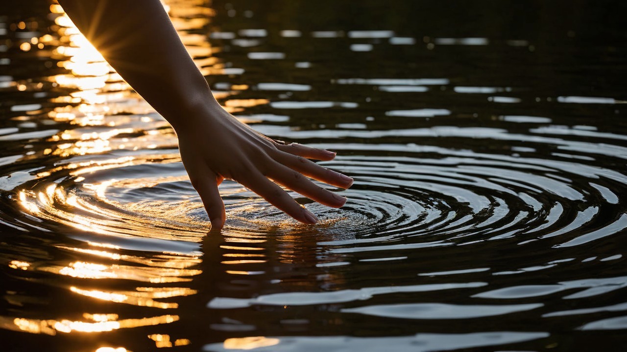 Close-Up of Hand Touching Water with Sunlight Reflections