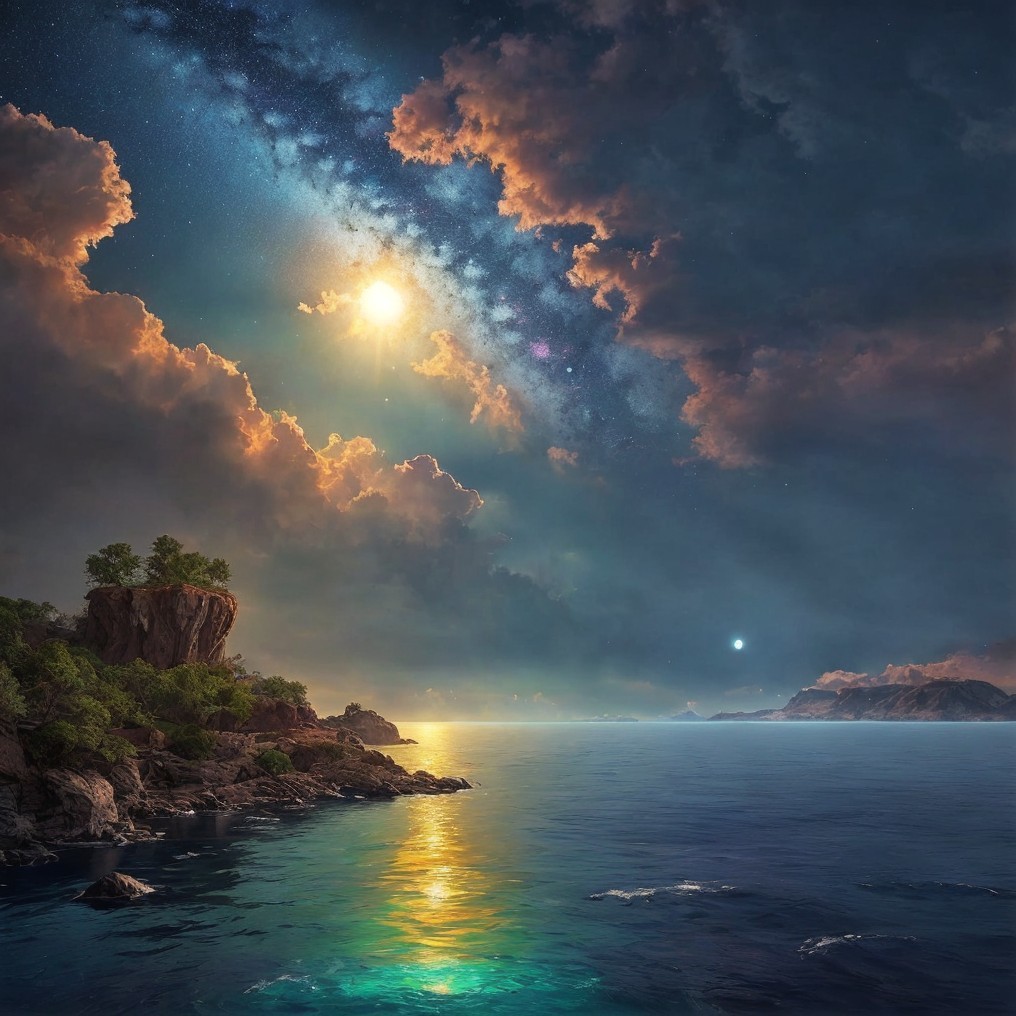 Luminous Seascape with Starry Sky and Rocky Cliffs