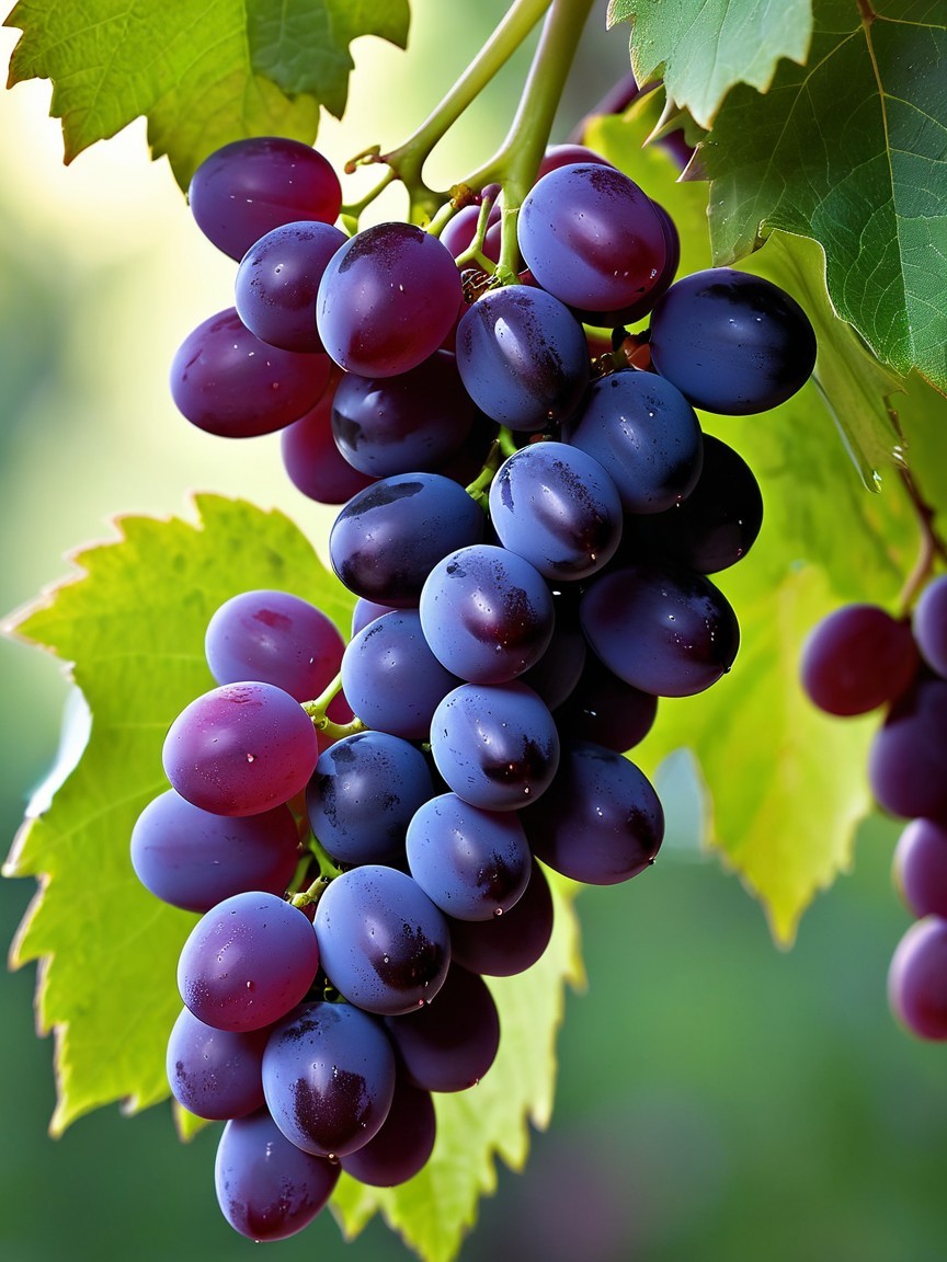 Close-up of Ripe Grapes on a Vine with Green Leaves
