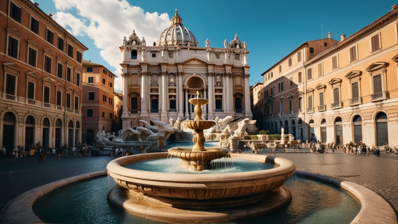 Historic square with grand fountain and architectural beauty