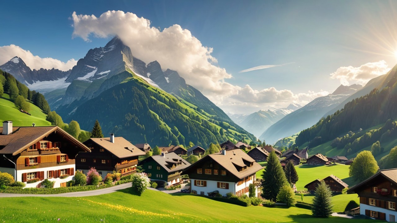 Village in a Lush Valley Surrounded by Snow-Capped Mountains