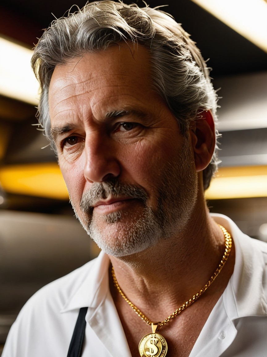 Mature Man in Professional Kitchen with Gold Chain