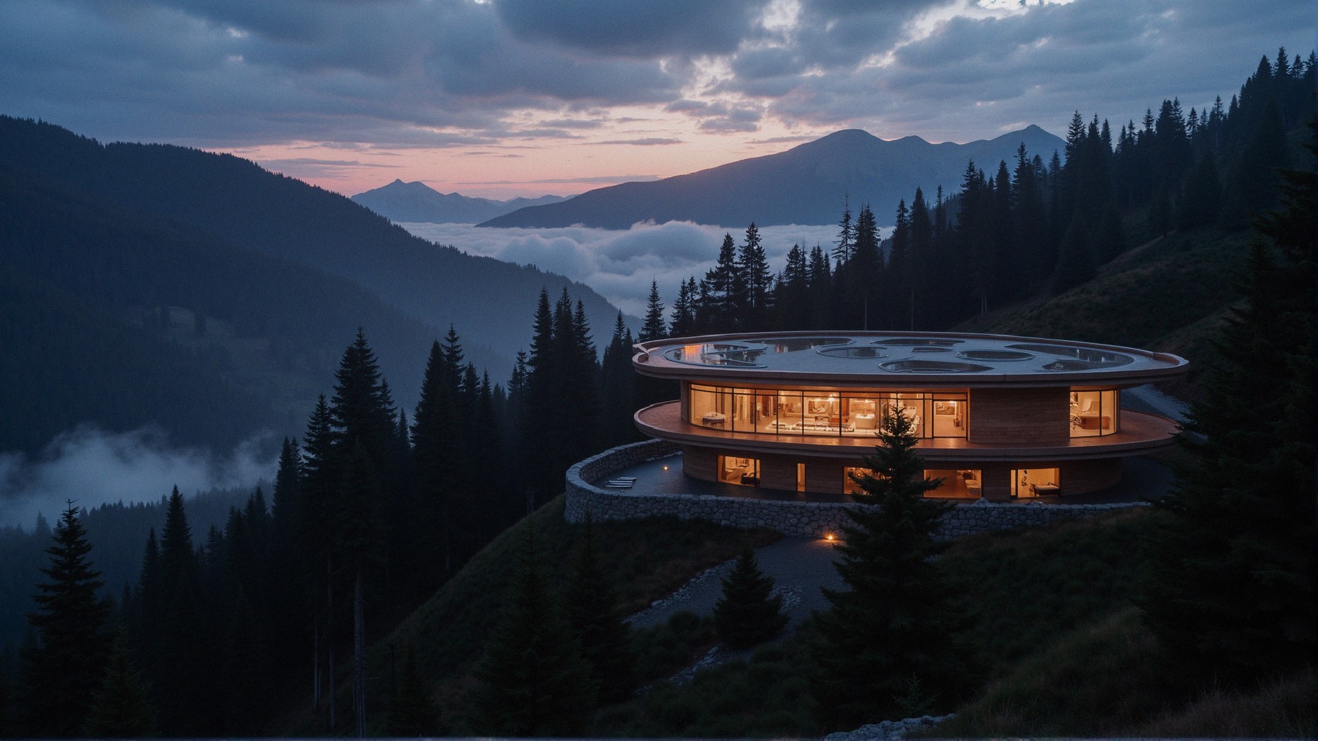 Circular Mountain House with Panoramic Views and Dawn Light