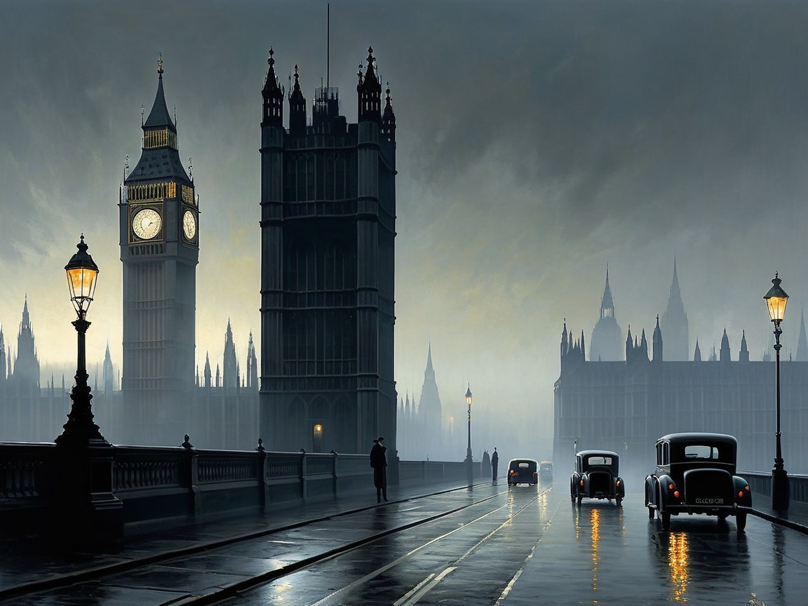 Moody Scene of Big Ben and Houses of Parliament in Mist