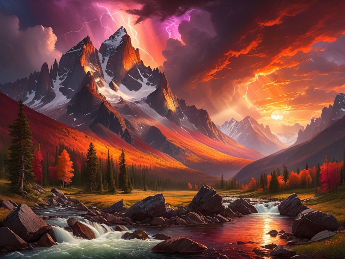 Rugged Mountains and Vibrant Sunset Landscape Scene