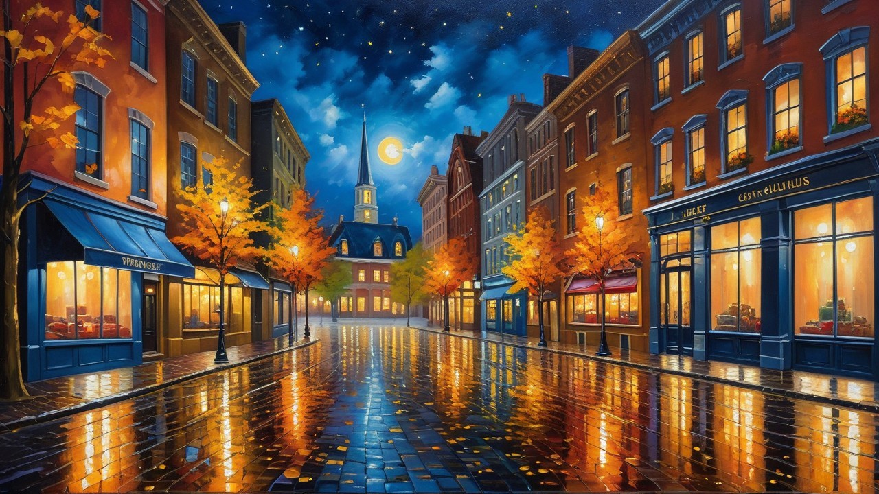 Picturesque Evening Street with Autumn Foliage and Moon