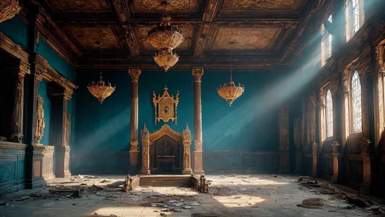 Opulent Grand Hall with Decay and Intricate Chandeliers