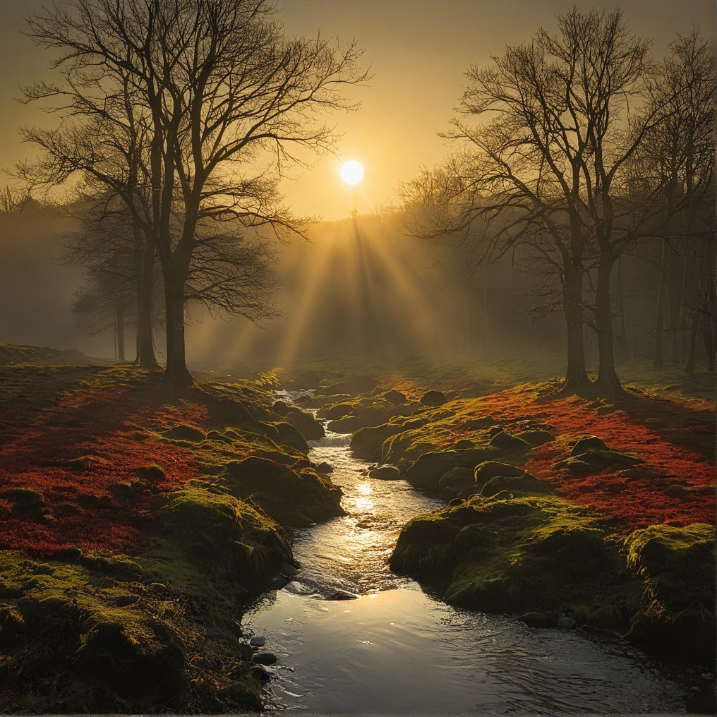 Serene Dawn Landscape with Stream and Vibrant Foliage