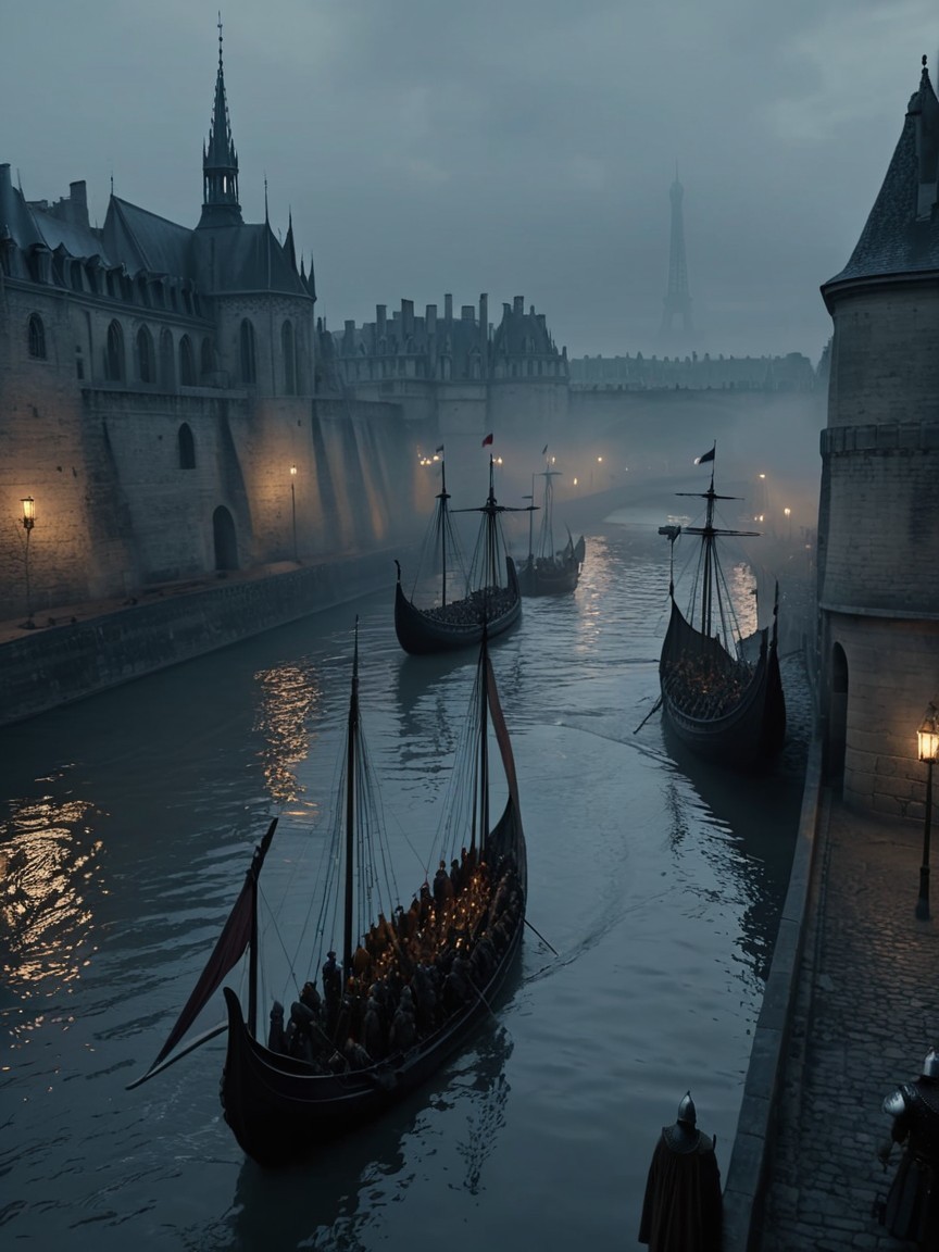Viking Longships on a Misty River with Gothic Architecture