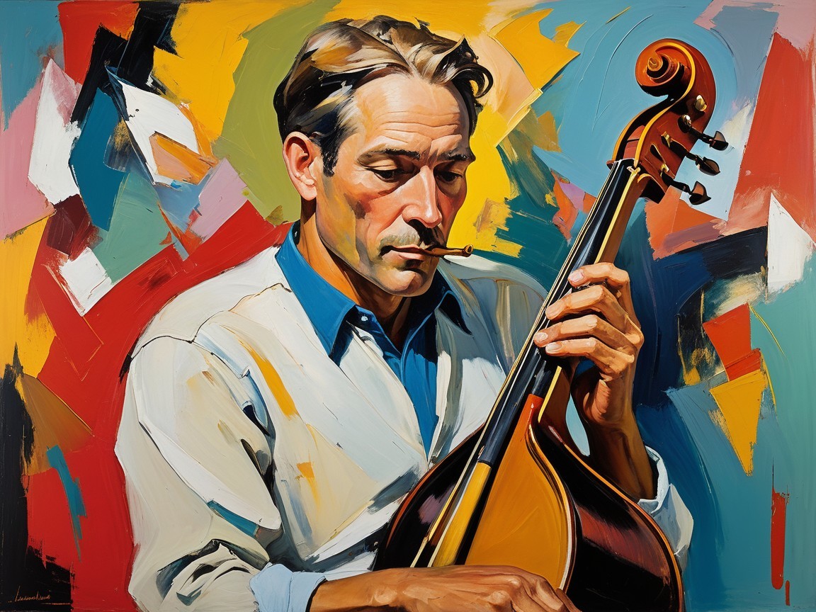 Focused Musician Playing String Instrument in Abstract Scene