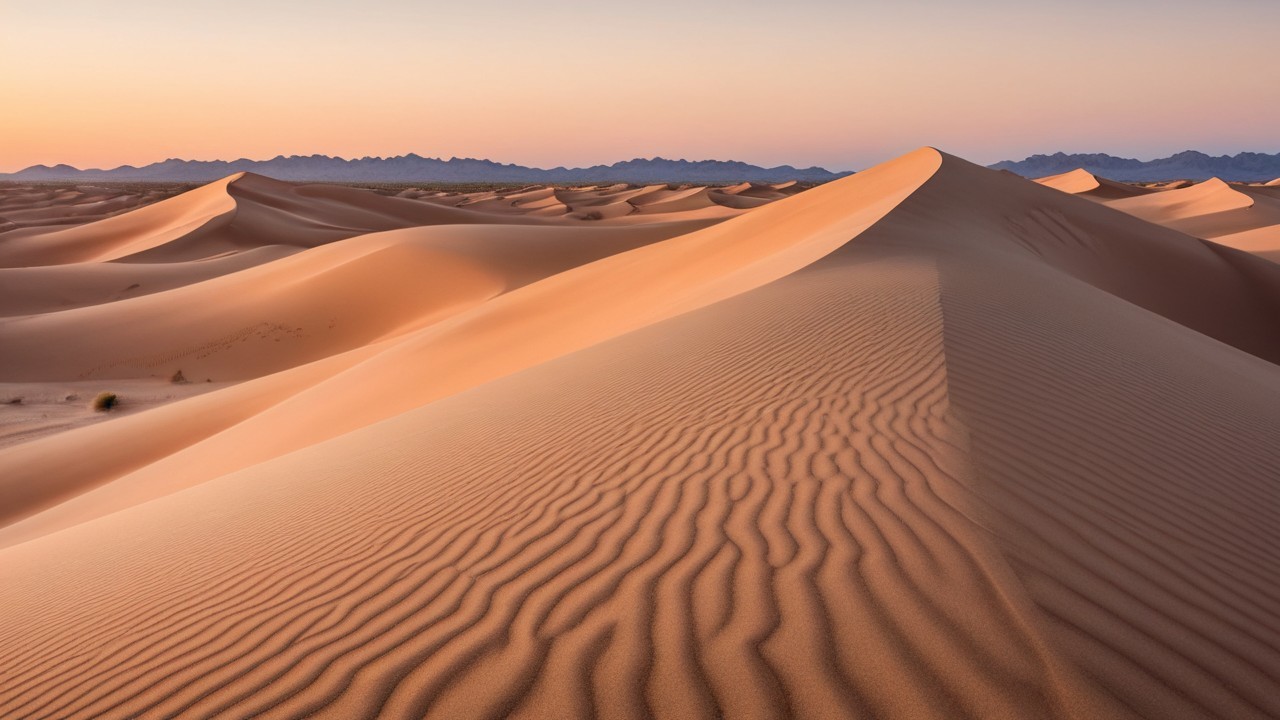 Vast Desert Landscape with Sand Dunes and Mountains