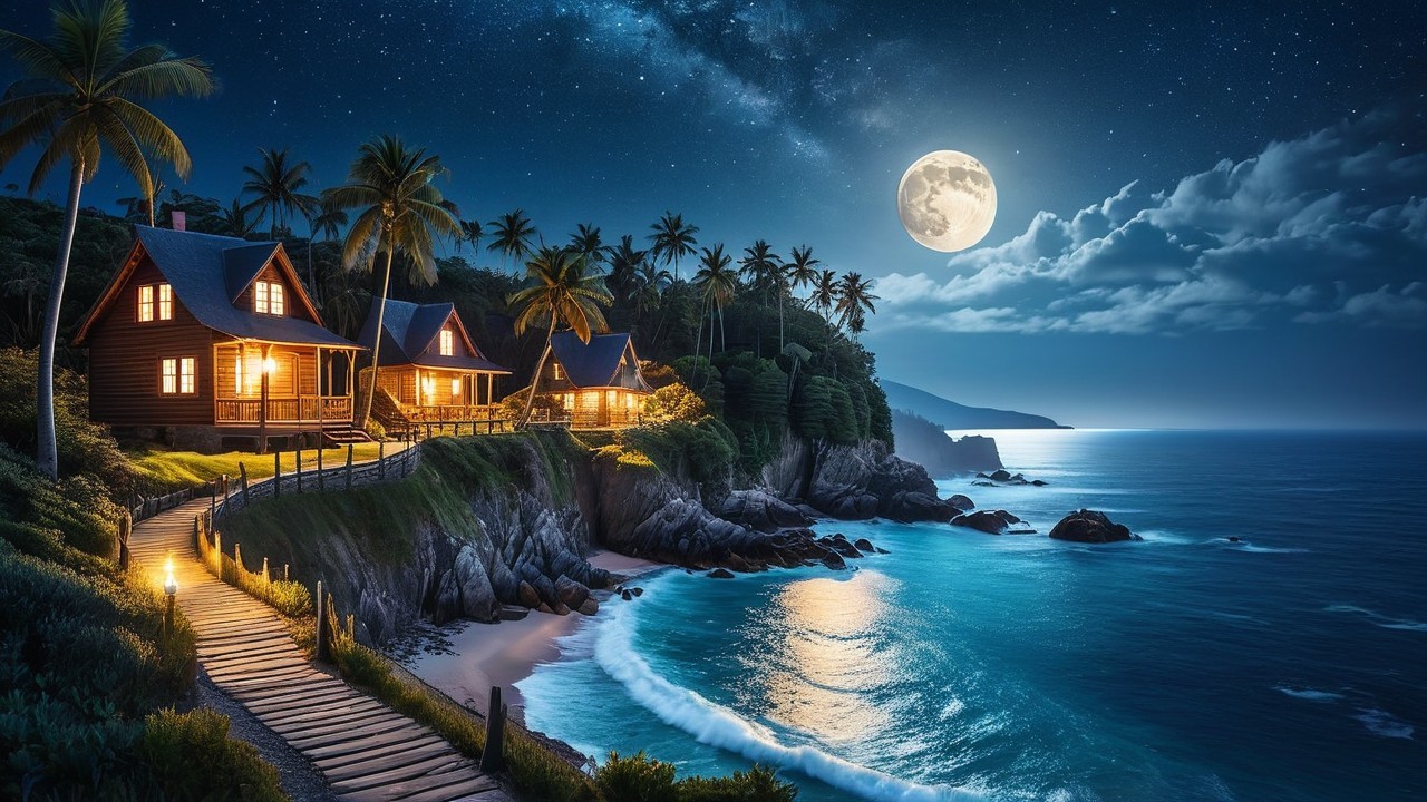 Nighttime Coastal Scene with Cottages and Moonlight