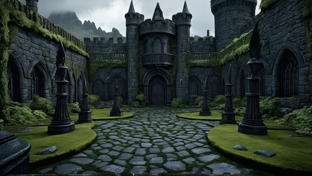 Medieval Stone Castle Courtyard with Turrets and Pathway