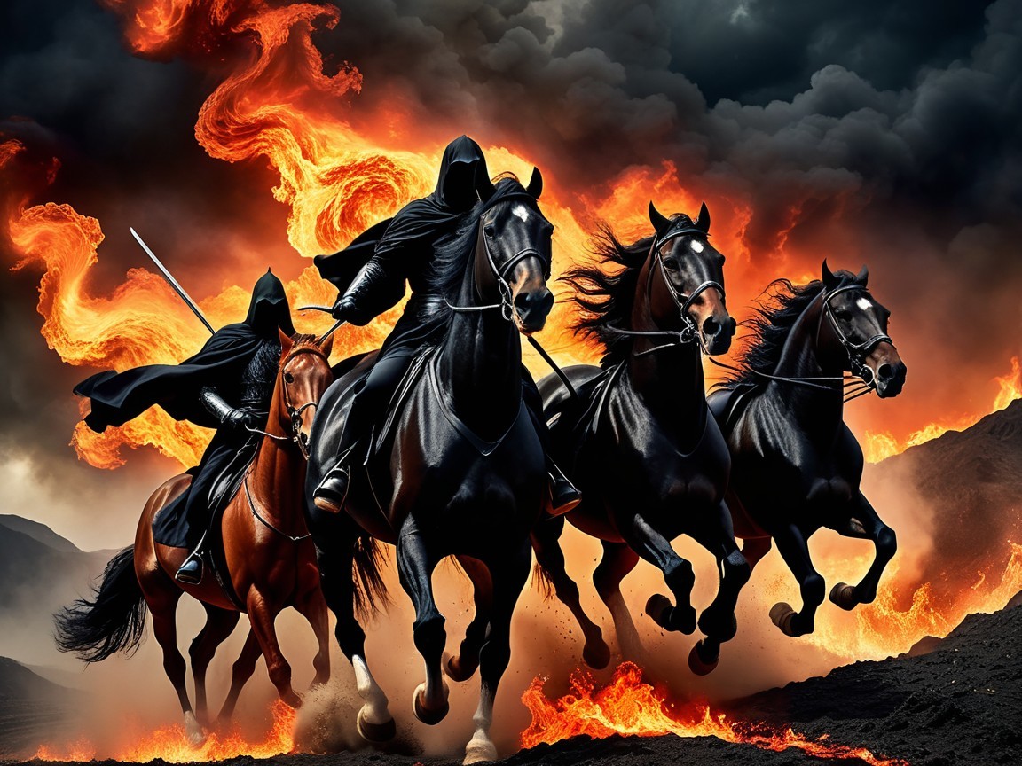 Cloaked Figures on Horses in Apocalyptic Landscape