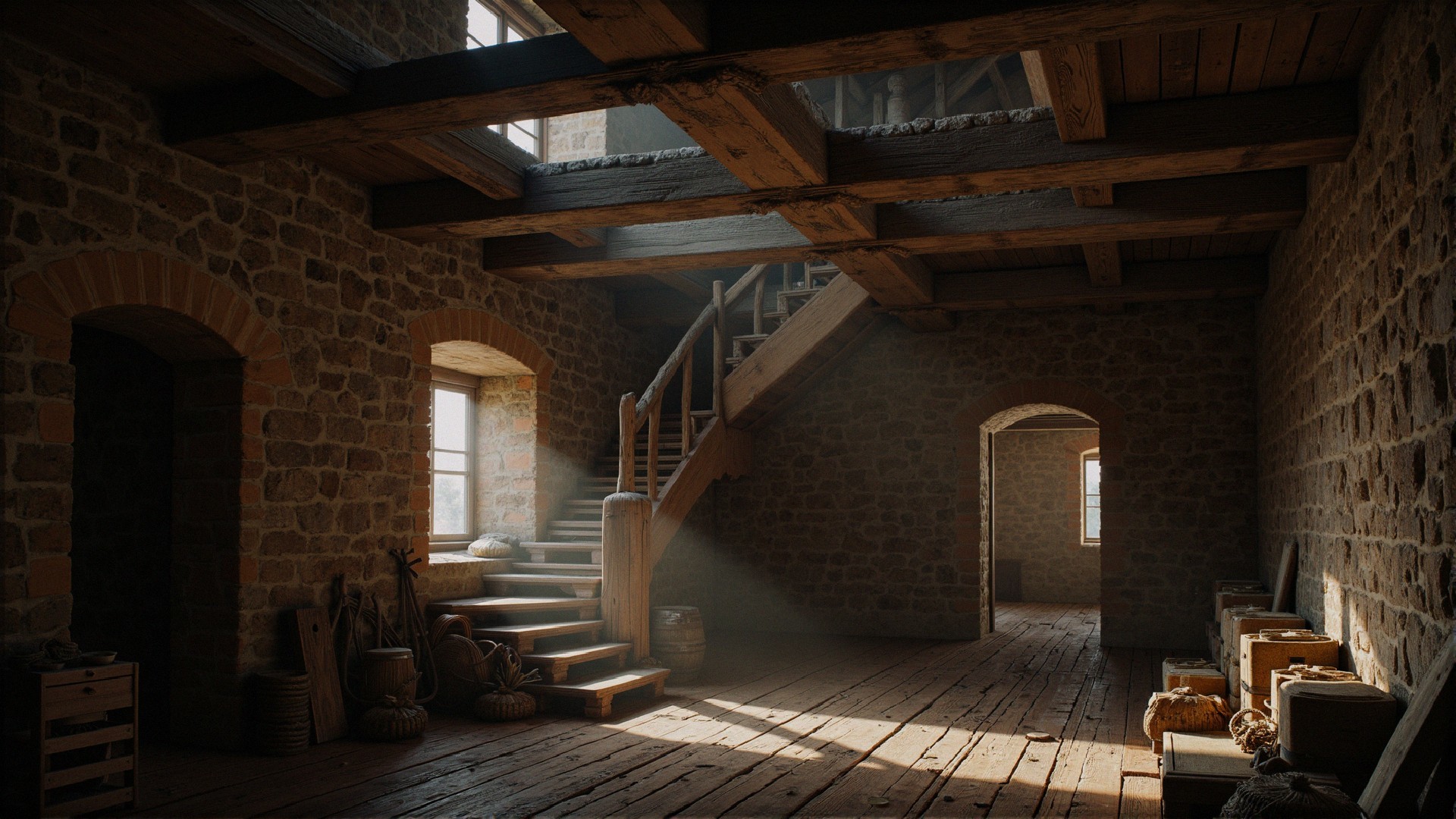 Rustic Stone Building Interior with Wooden Beams
