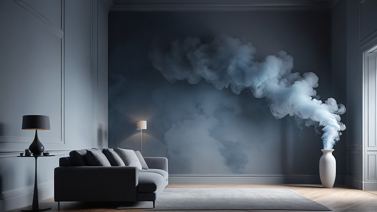 Modern Interior with Grey Sofa and Blue Wall Decor