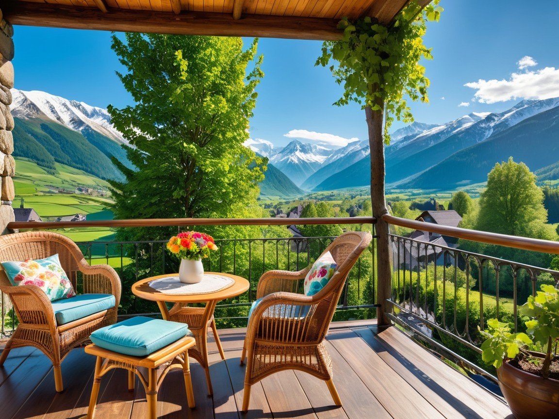 Scenic Balcony View of Valley and Snow-Capped Mountains