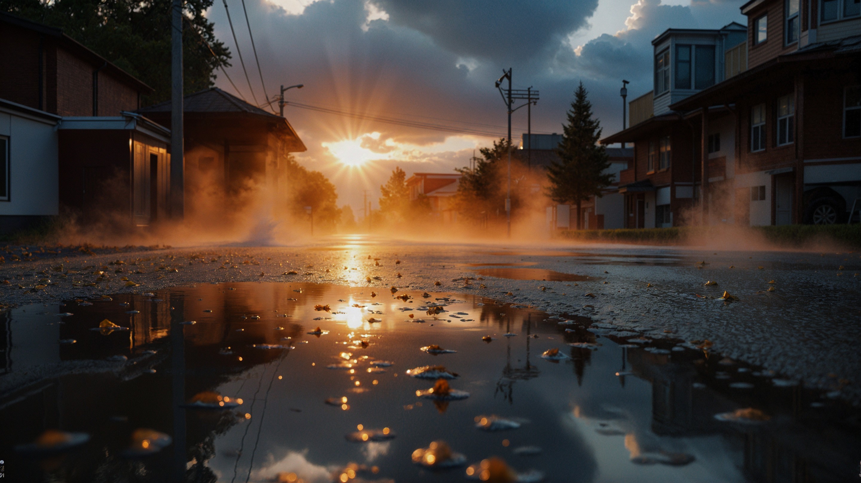 Serene Sunset Street with Reflective Wet Pavement