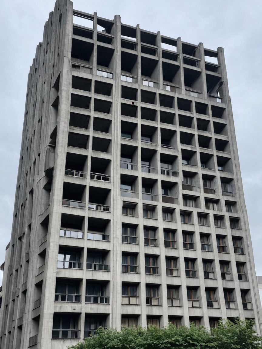 Brutalist Concrete Building with Grid Facade and Windows