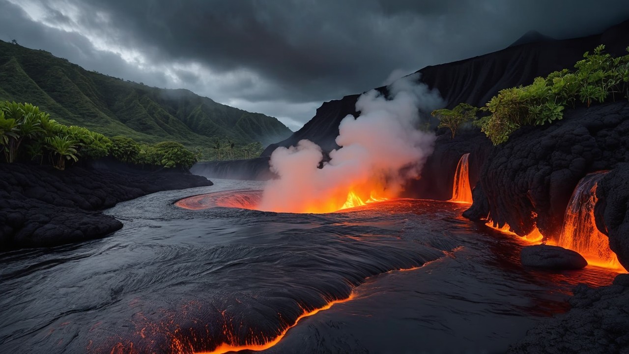 Dramatic Volcanic Landscape with Molten Lava Flow