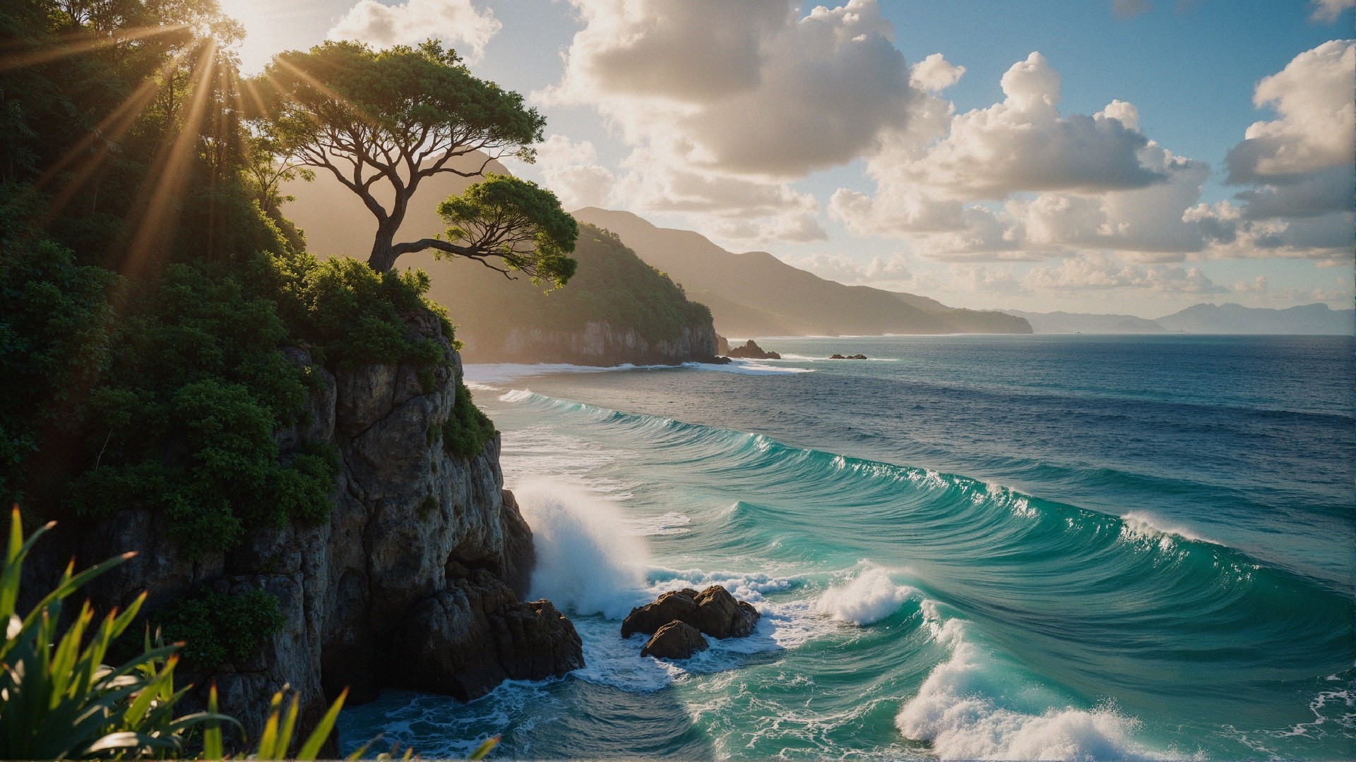 Coastal Scene with Tree and Turquoise Waves at Sunset