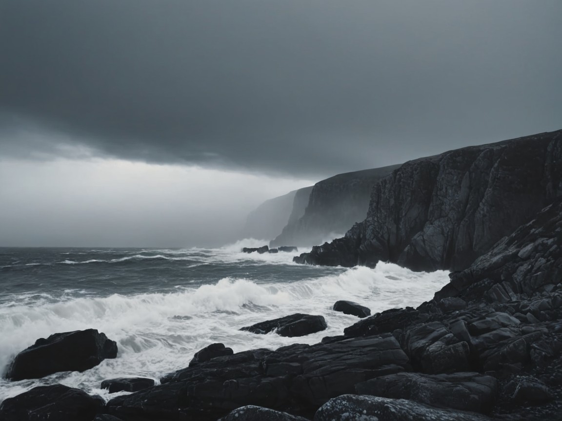 Dramatic Seascape with Rugged Cliffs and Stormy Sky