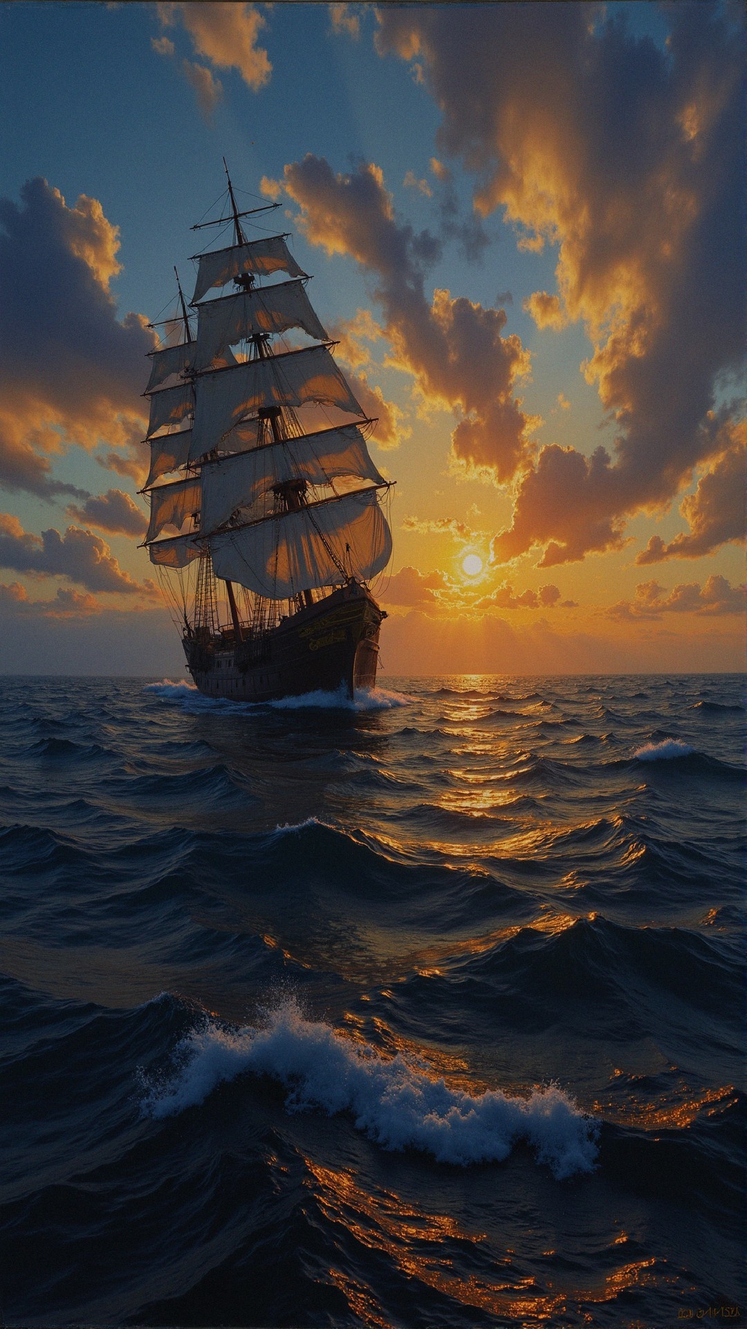 Tall Ship Sailing at Sunset Over Blue Waves