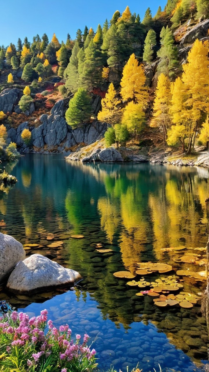 Tranquil Lake with Autumn Colors and Lush Foliage