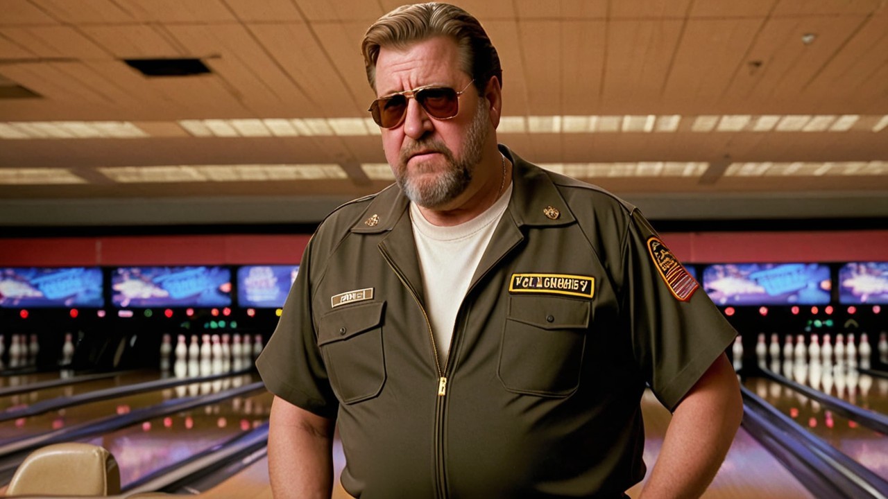 Confident Man in Military Bowling Shirt at Alley