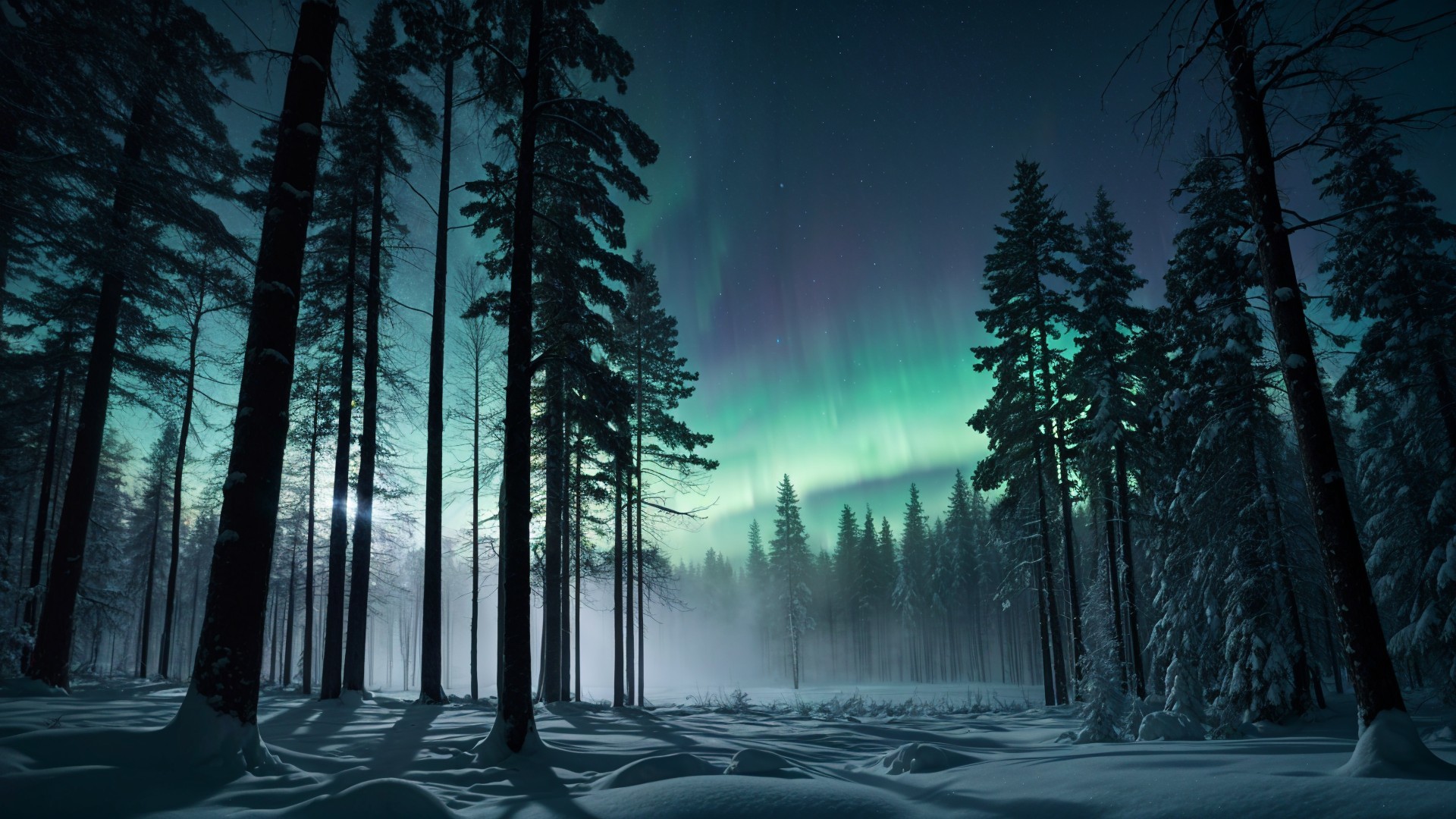 Winter Landscape with Pine Trees and Northern Lights