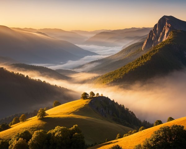 Golden Grass Hills and Majestic Mountain Landscape
