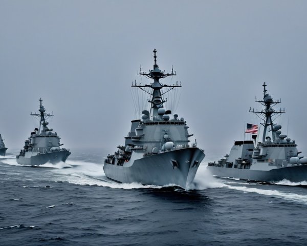 Grey Naval Destroyers in Diagonal Line on Ocean